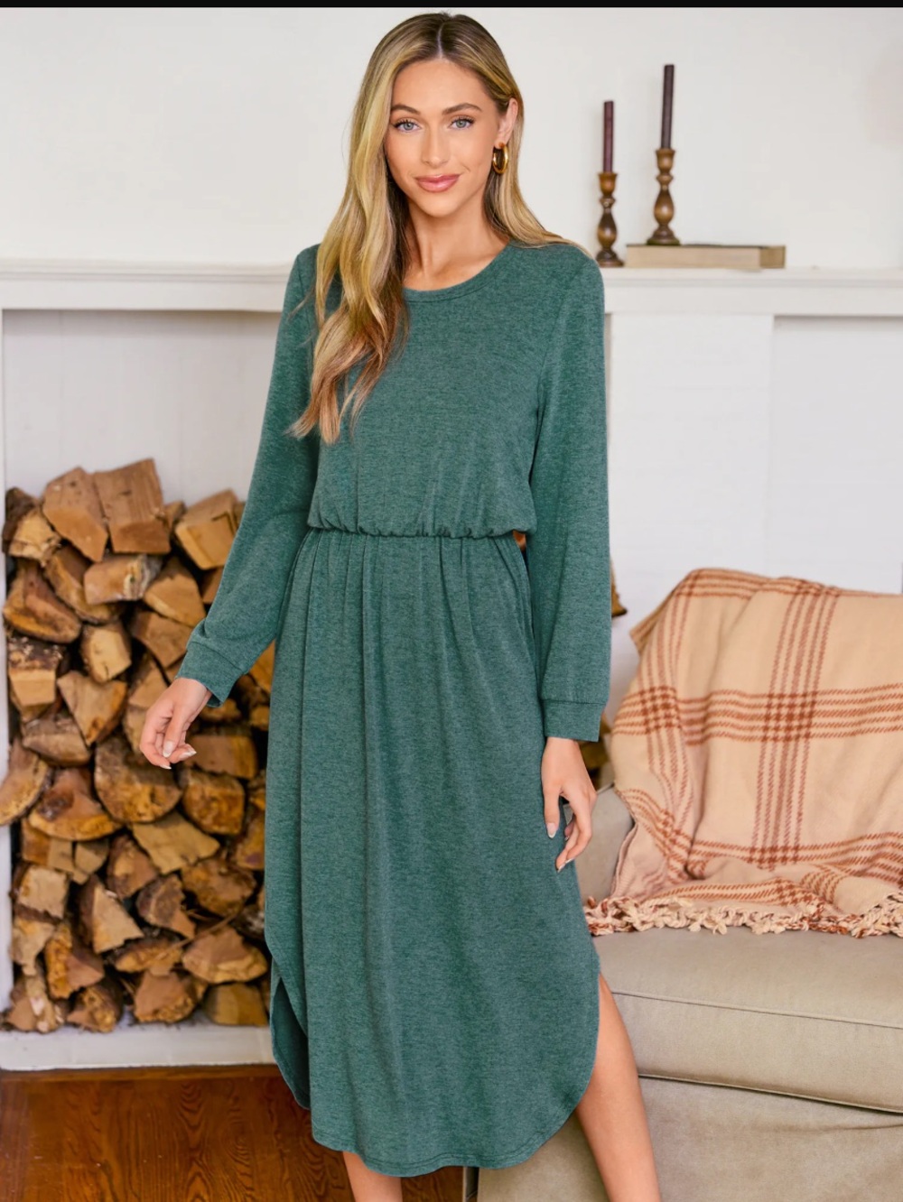 Cupshe Forest Green Long Sleeve Midi Dress